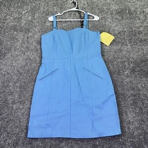 Styleworks Dress Womens 14 Blue Leather Sheath Sweetheart Neck Zip Pockets